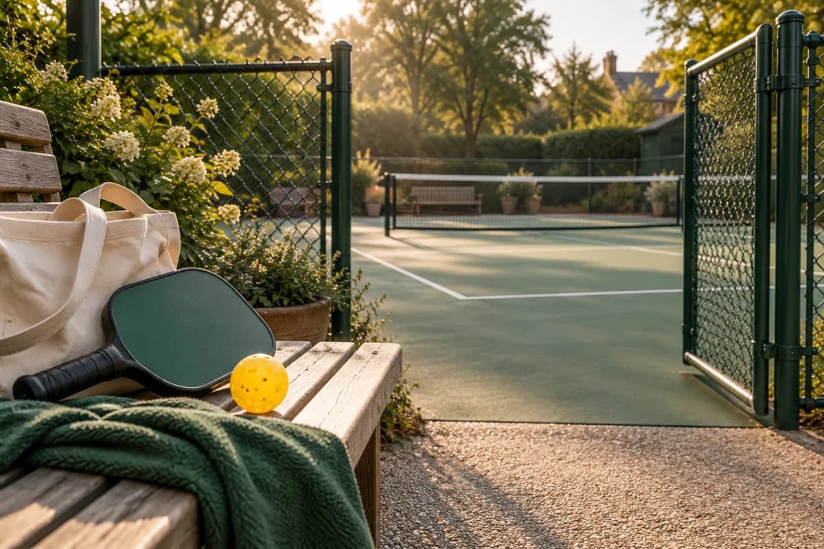 An open gate onto a green pickleball court, with a paddle and canvas bag waiting on a bench.