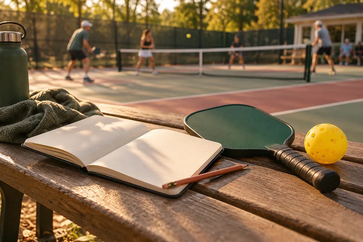 An open notebook, paddle, terracotta pencil and ball in late afternoon courtside light.