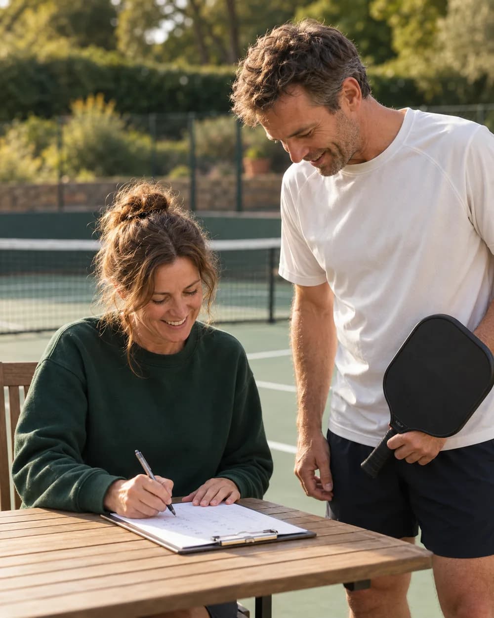 A club organiser records match results beside a pickleball player